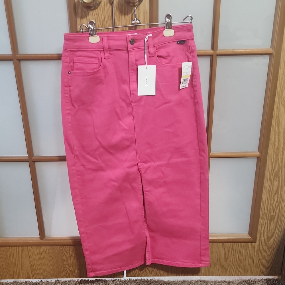 Cello Pink Long Denim Skirt With Front Slit